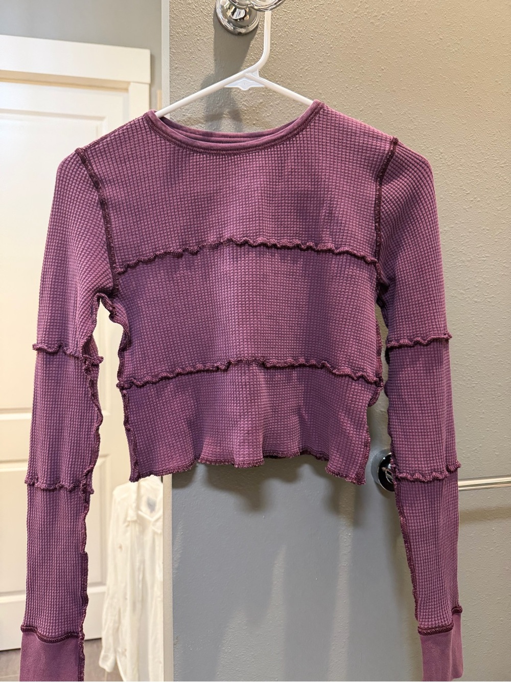 Urban Outfitters Purple Ruffle-Trim Waffle Knit Long Sleeve Top